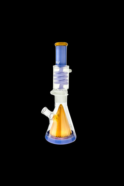 Blue and orange glass water pipe (bong) against a black background.