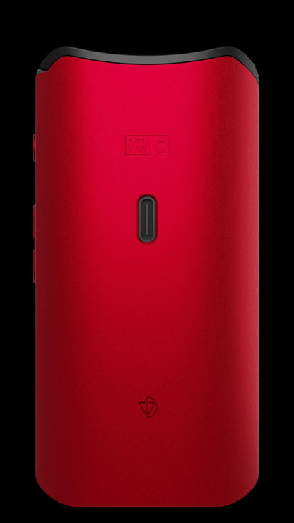 Red cannabis vaporizer device with a minimalist design.