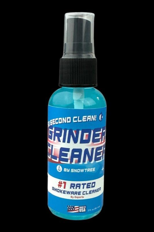 Blue spray bottle of “Grind Clean” cannabis accessory cleaner by Snowtree.