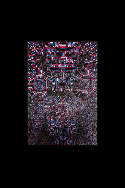 Intricate geometric pattern in red, blue, and white, resembling a face within a complex labyrinth, likely a design for a cannabis accessory or art piece.