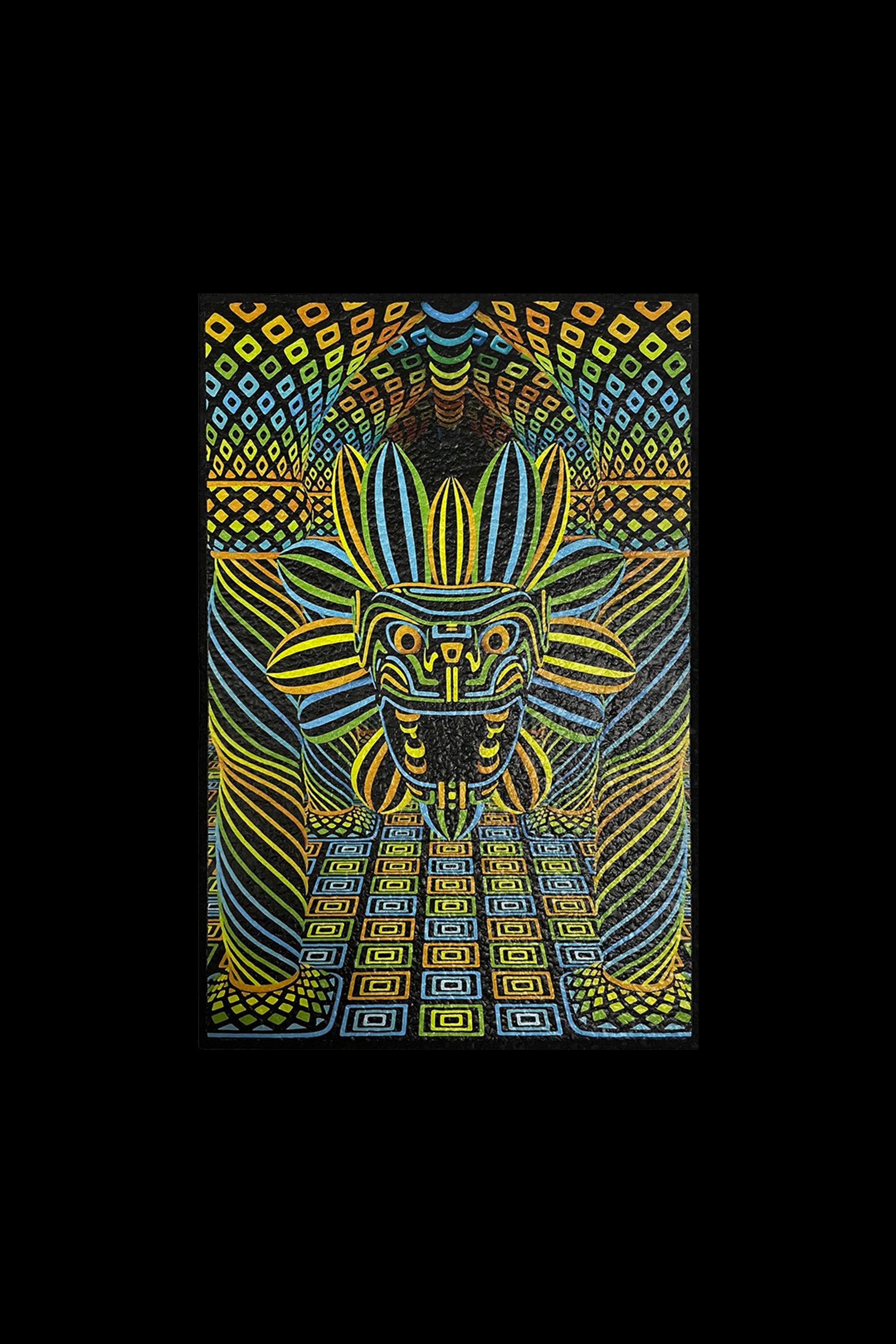 Psychedelic tapestry featuring a stylized face with geometric patterns in blue, yellow, and green.