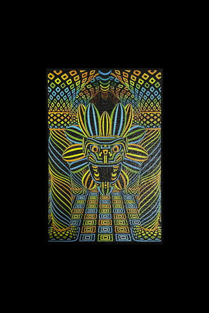 Psychedelic tapestry featuring a stylized face with geometric patterns in blue, yellow, and green.