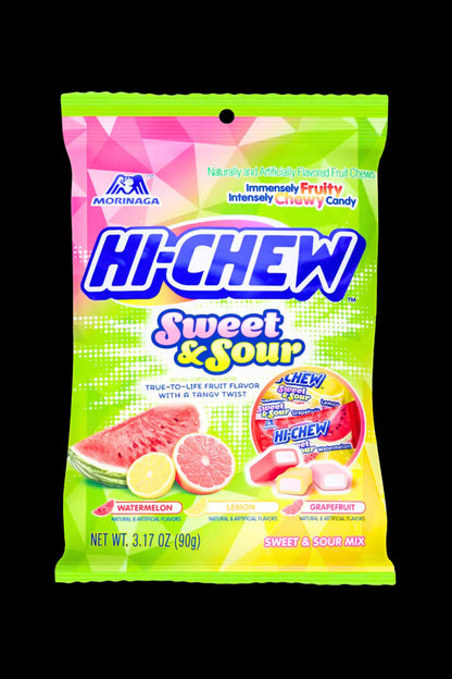 A colorful bag of Hi-Chew candies, featuring watermelon, lemon, and grapefruit flavors, often used as a discreet cannabis edible cover.