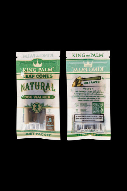 Two packages of King Palm Natural Leaf Cones, one labeled "Dog Walker" and the other "Vision," displayed side-by-side. Both packages feature a green and gold color scheme and indicate they contain three cones.