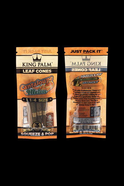 A sealed, colorful retail package of King Palm Leaf Cones in “Cantaloupe Melon” flavor, featuring a 1 ¼ size and “squeeze & pop” functionality.