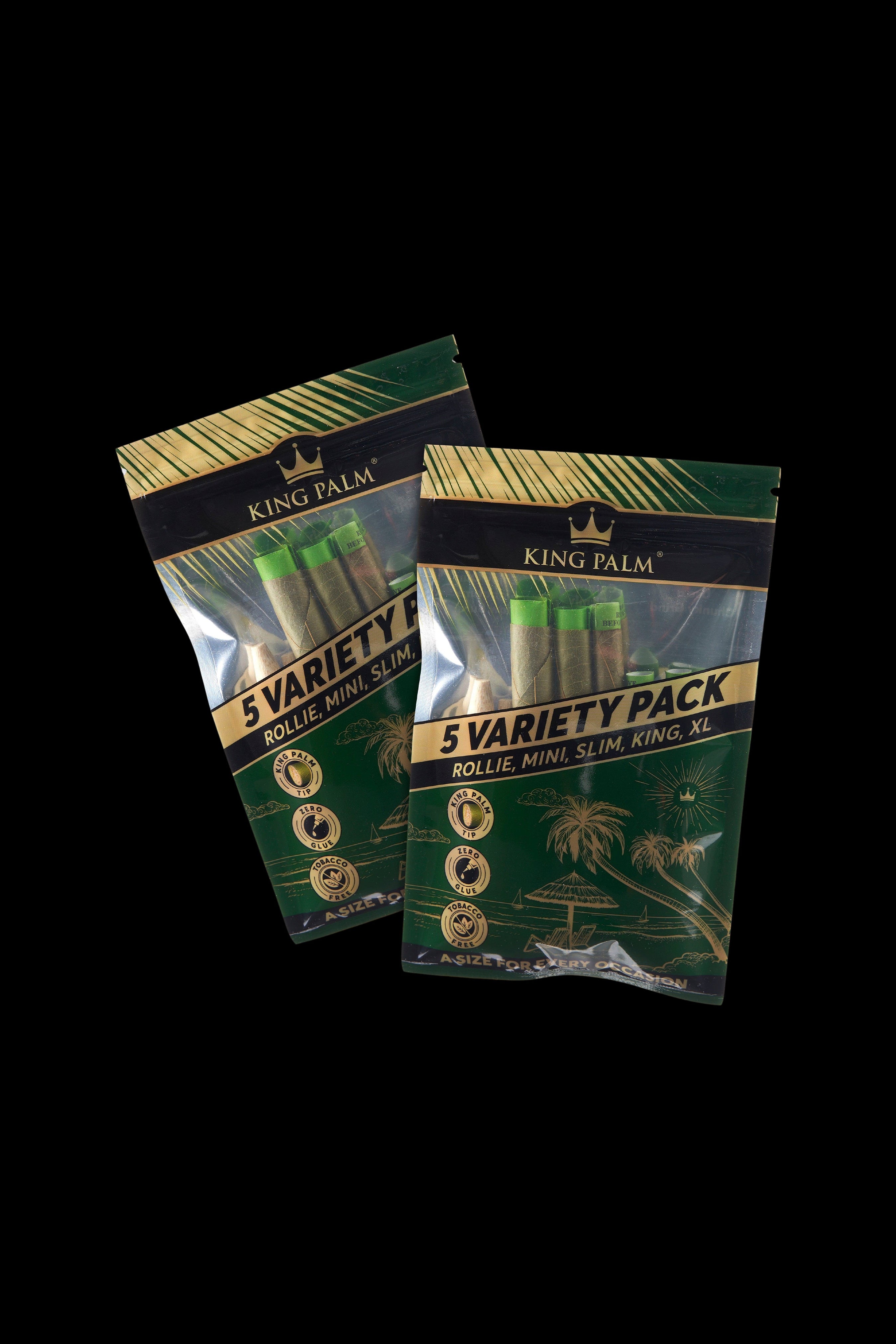 Two sealed packages of King Palm 5 Variety Packs rolling papers on a black background. <start_of_image>