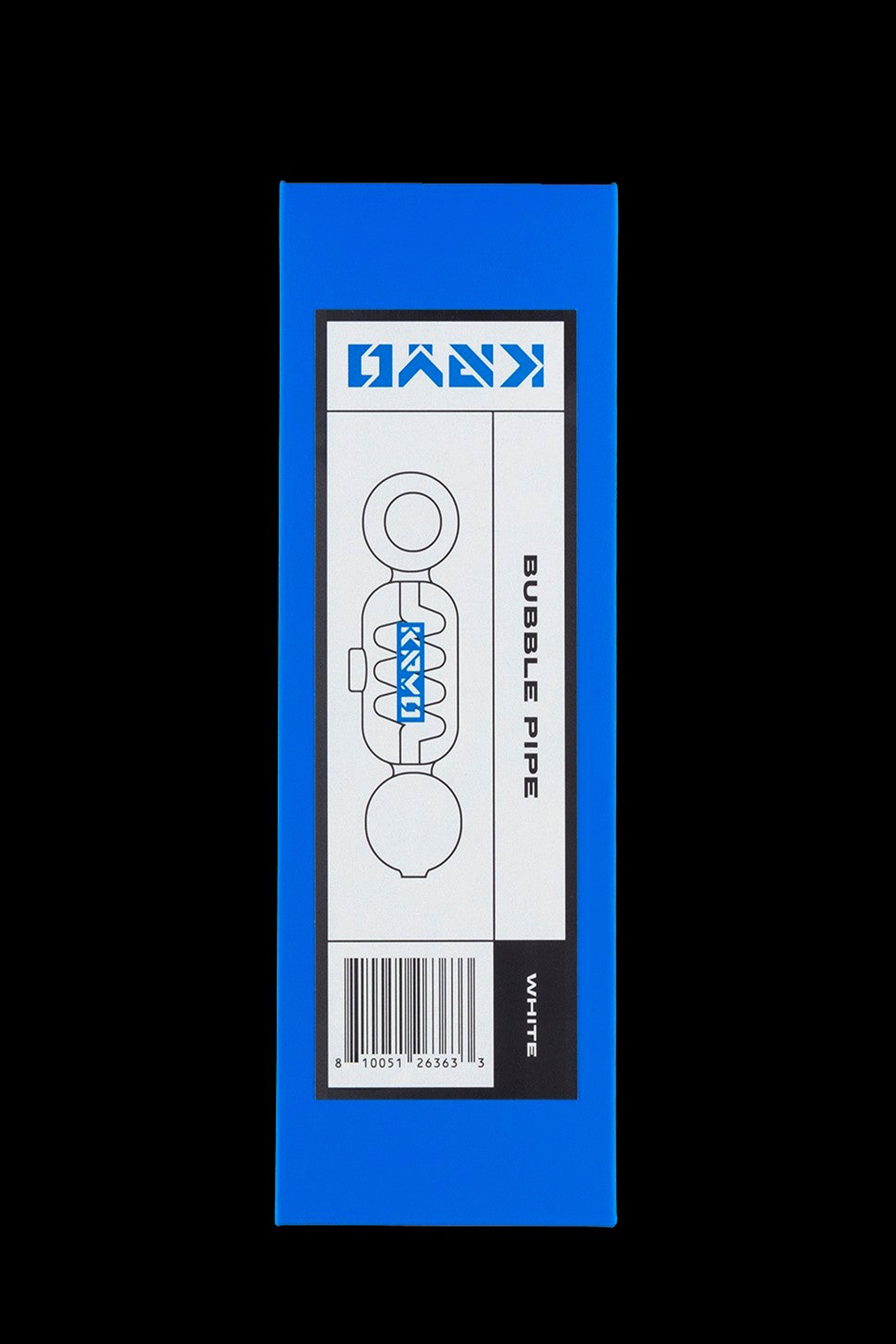 Kavvy white bubble pipe packaging with product diagram and barcode.