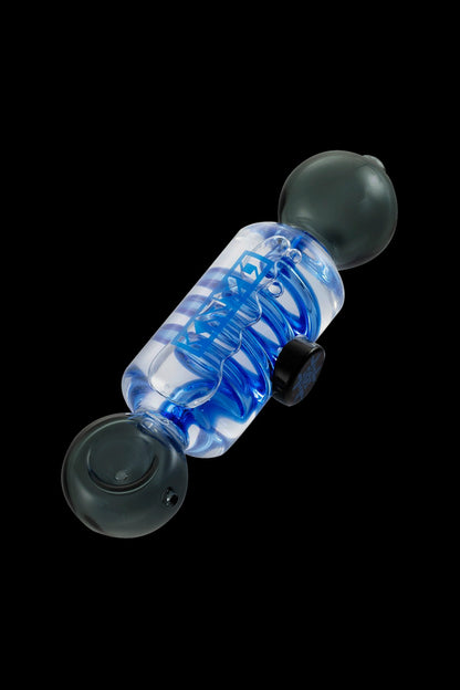 Blue and black glass cannabis bubbler pipe against a black background.