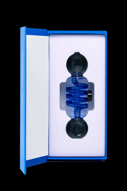 Blue glass bubbler pipe displayed in an open blue box.
