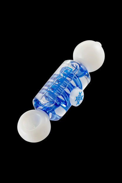 Blue and white glass bubbler pipe with intricate swirling patterns.