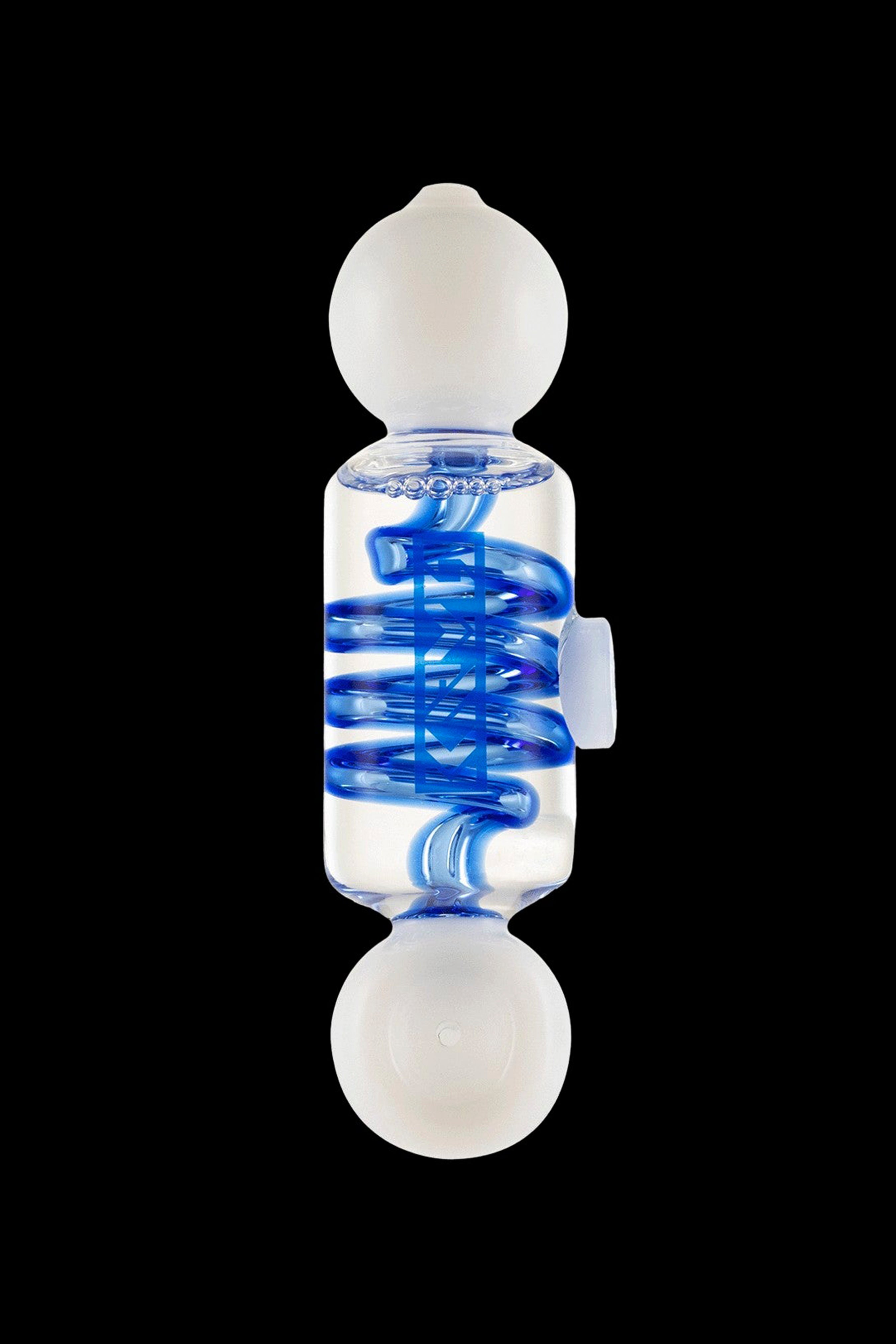 Blue and clear glass oil rig bubbler with intricate spiral design.
