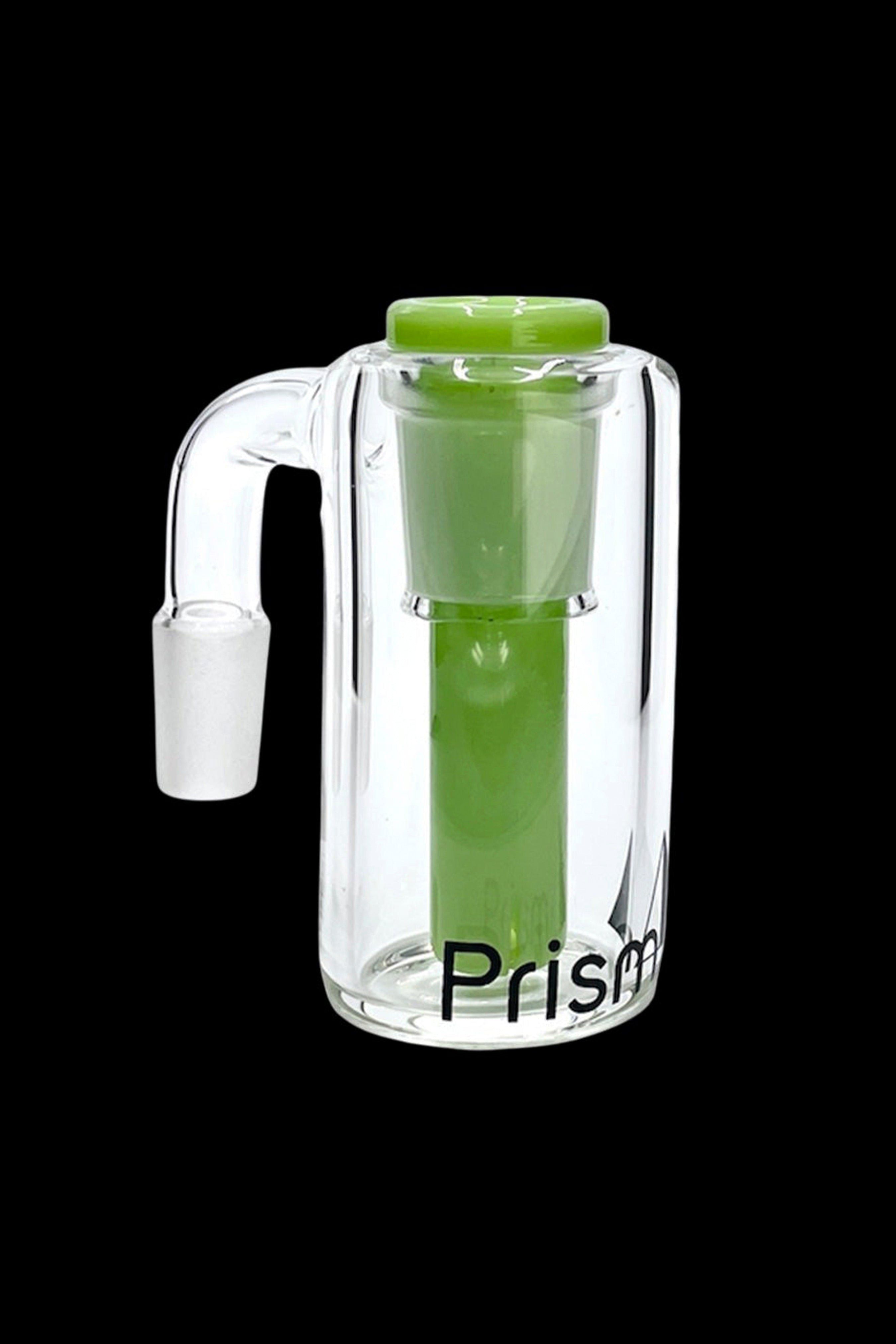 Clear glass bubbler with a green insert, labeled "Prism."