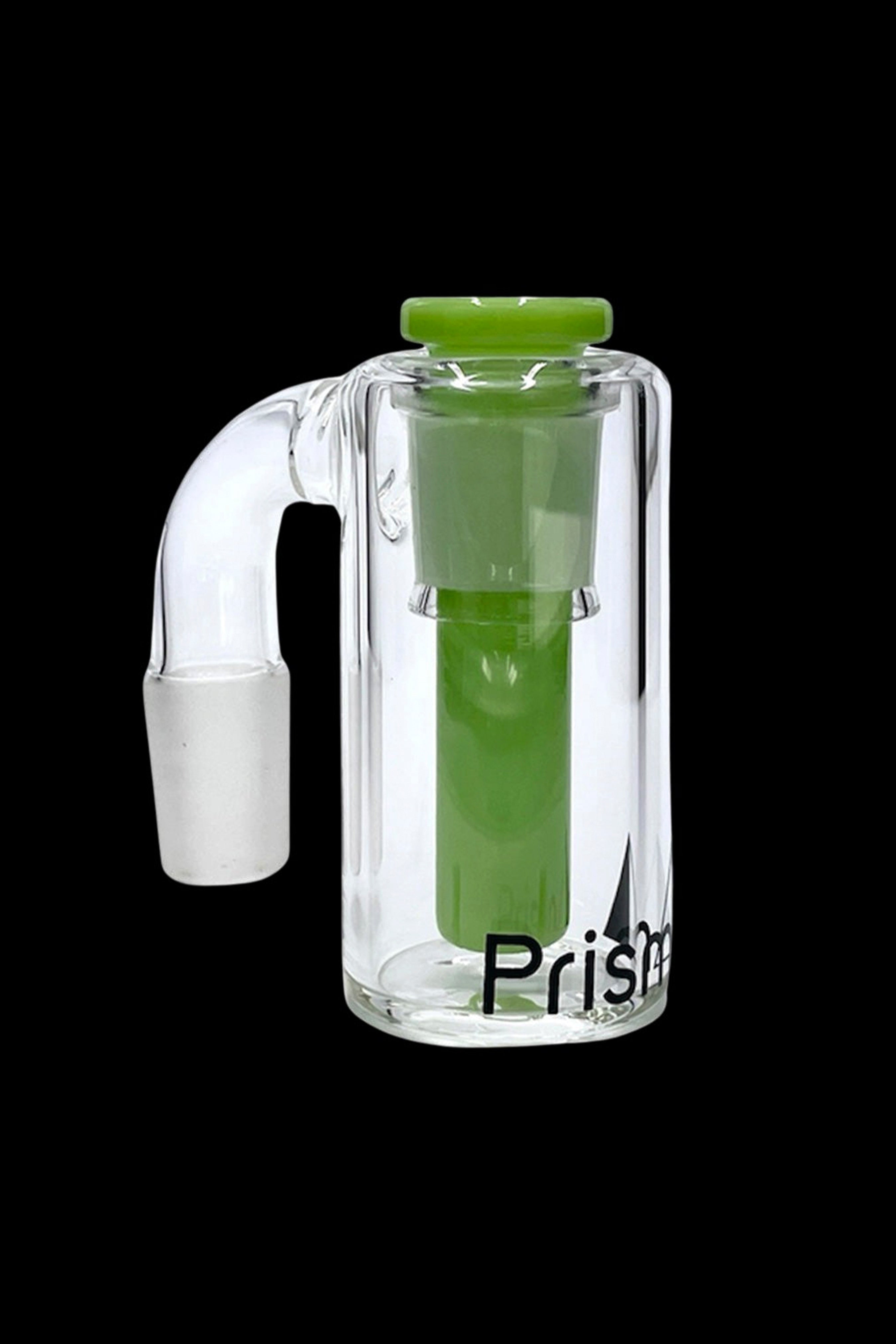 Clear glass bubbler with green accents and a removable diffuser downstem, branded with "Prism".