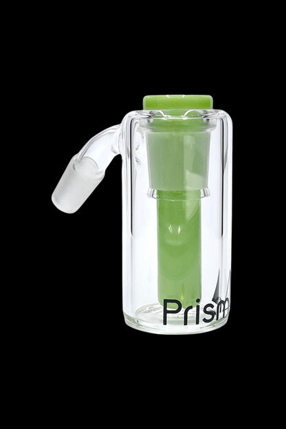 Clear glass bubbler water pipe with green accents and the brand name "Prism" printed on the side.