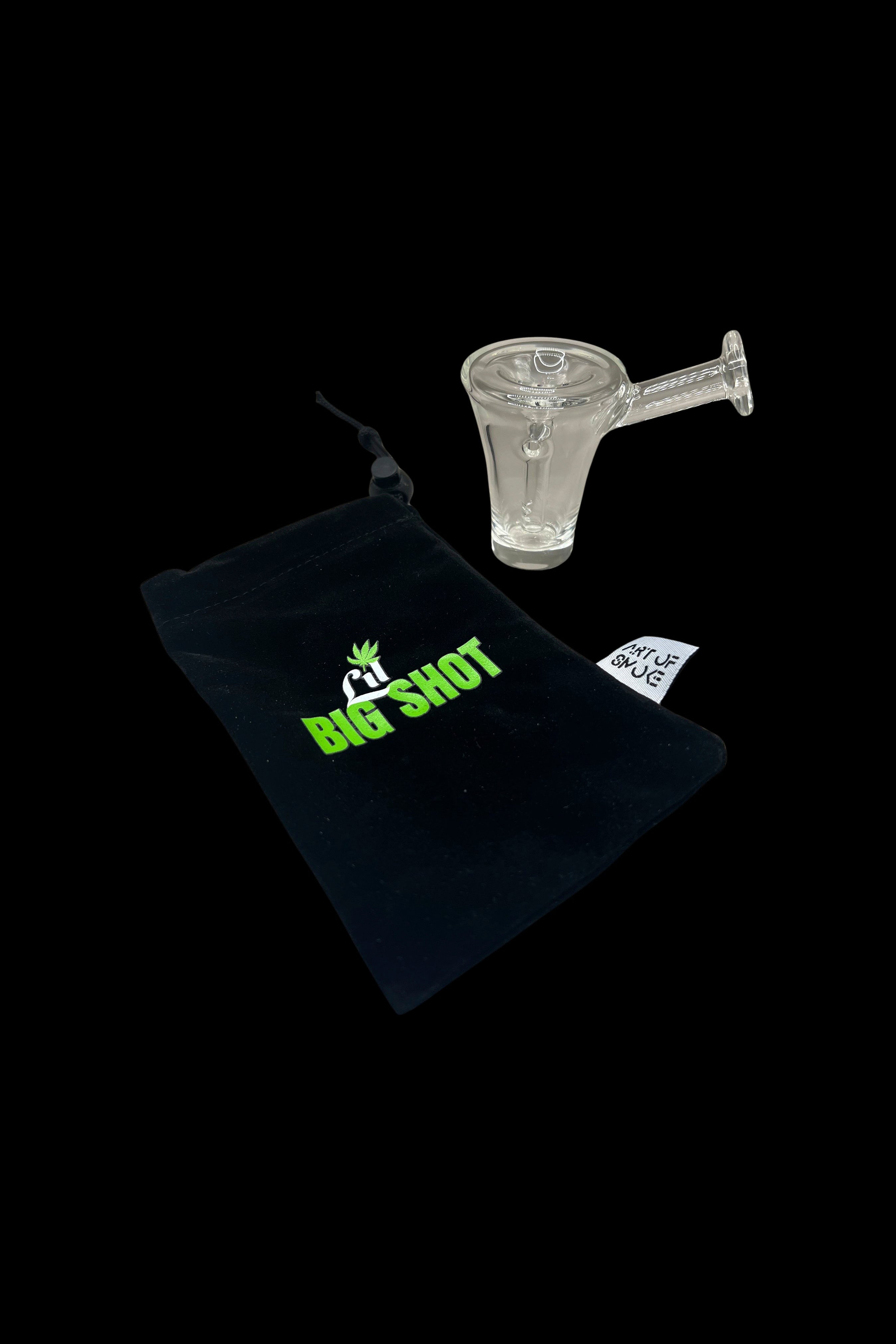 Glass cannabis pipe and velvet pouch with cannabis leaf logo.