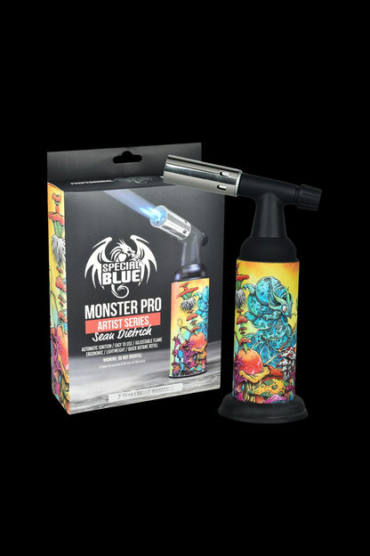Special Blue Monster Pro butane torch lighter in artist series packaging.