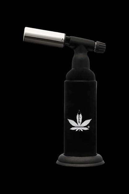 Black butane torch with a white cannabis leaf logo.
