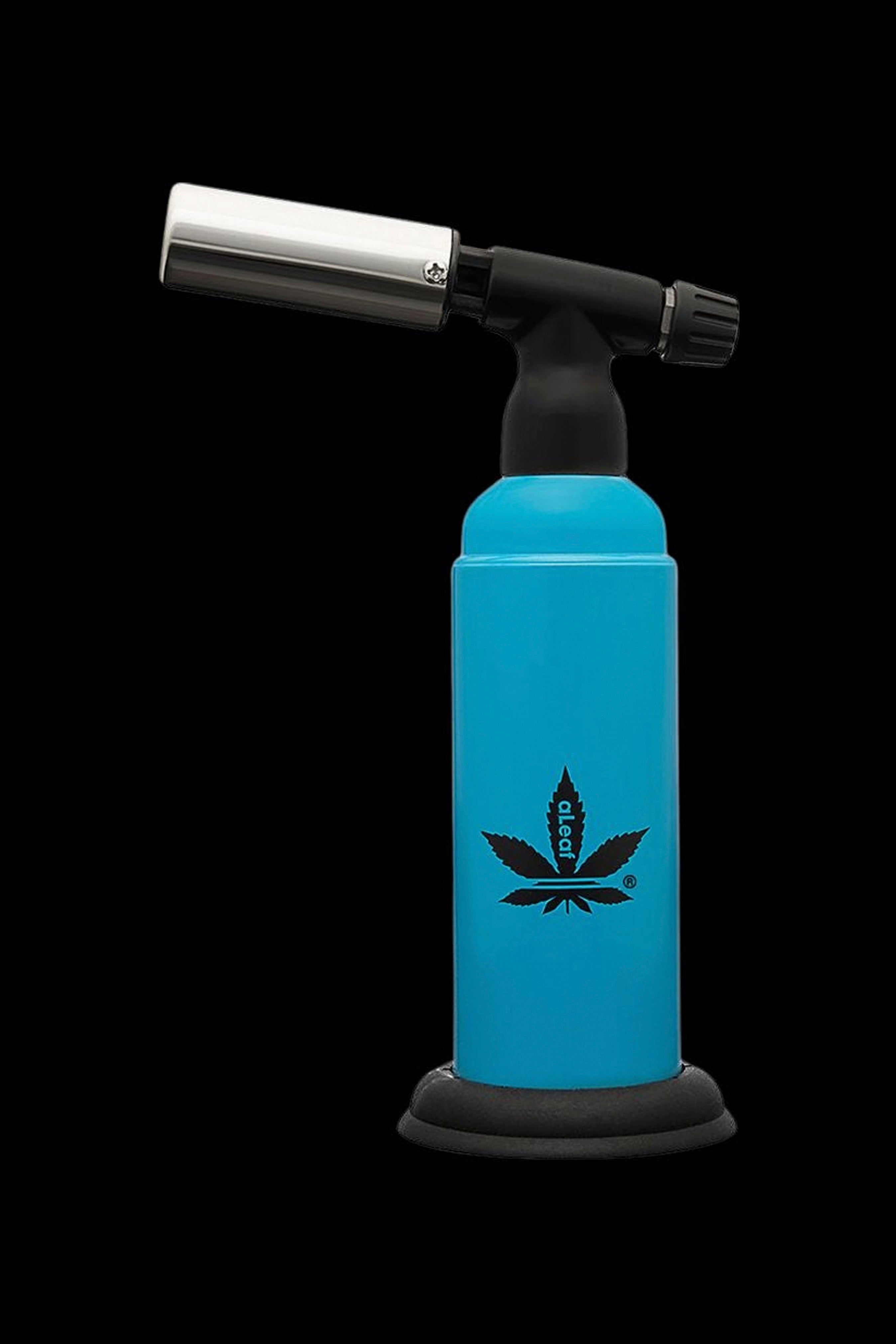 Blue butane torch with a cannabis leaf logo, used for dabbing concentrates.