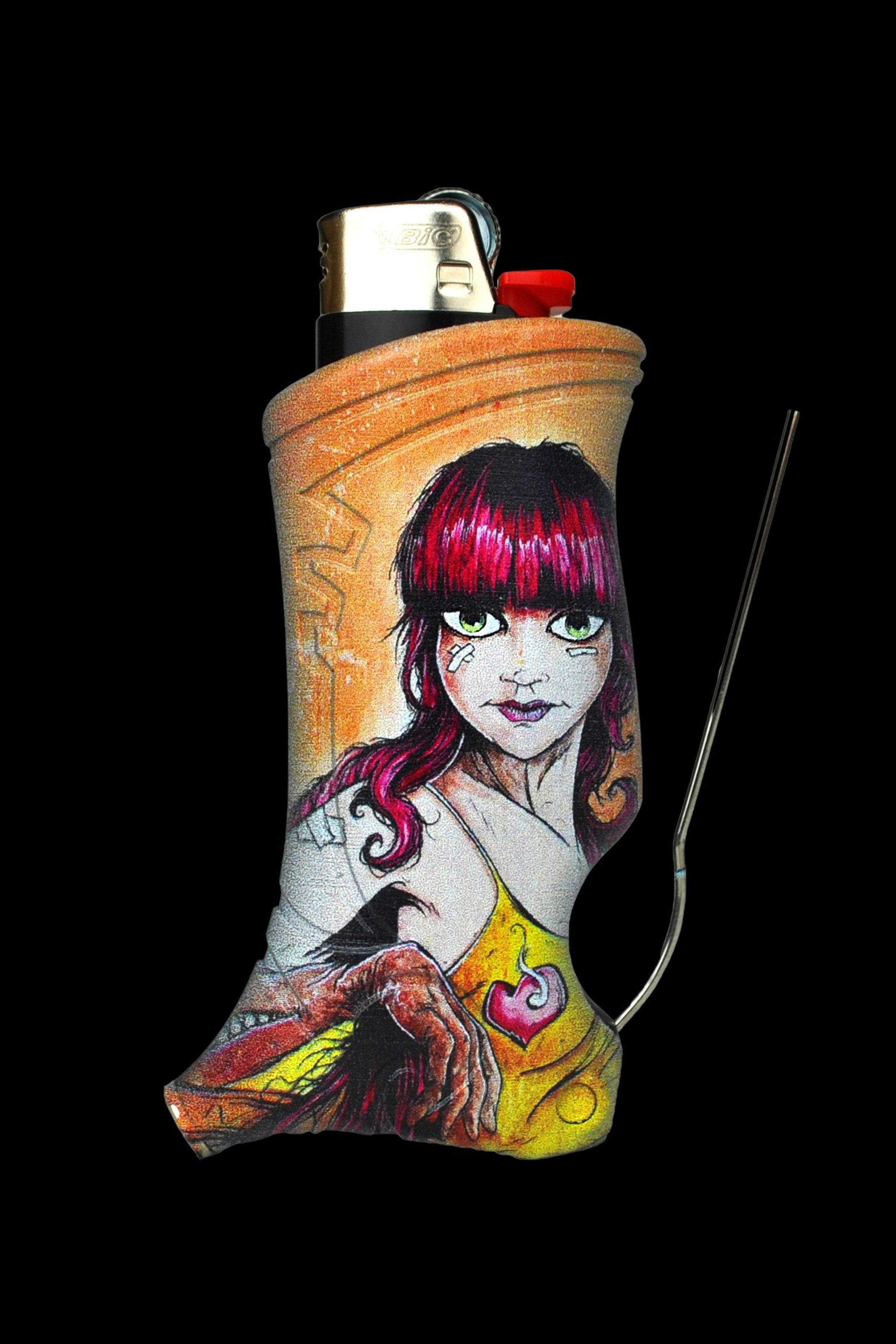 A lighter sleeve with a detailed illustration of a stylized, gothic-inspired woman holding a heart, accompanied by a metal tool, against a black background.