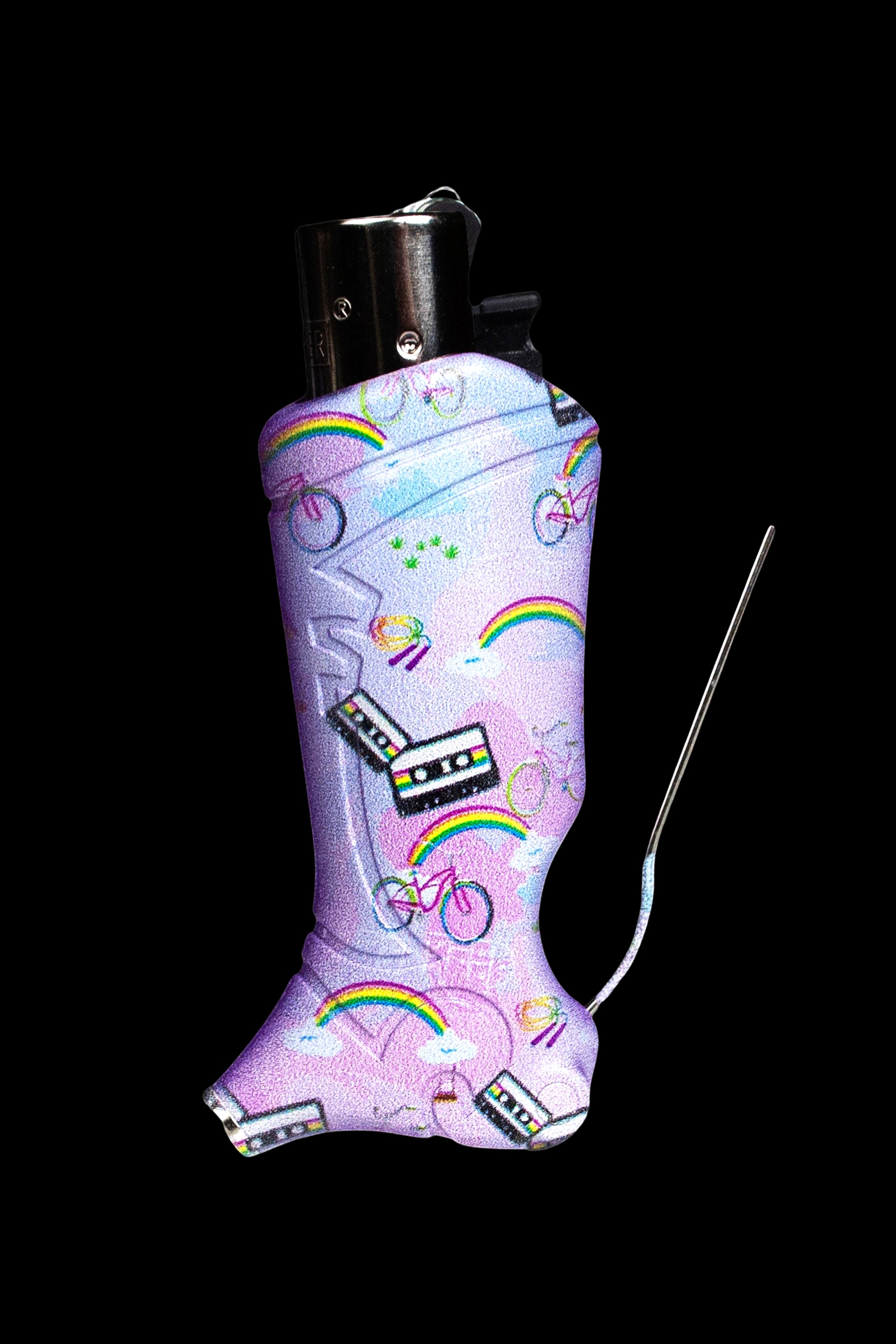 Pink lighter decorated with 90s nostalgia graphics—rainbows, cassette tapes, and bicycles—against a black background.