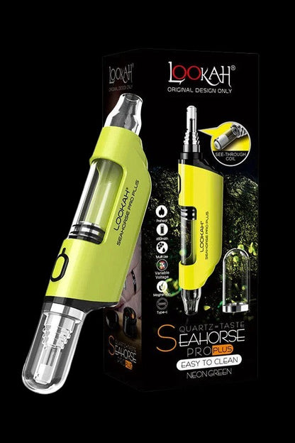 Neon green Lookah Seahorse Pro Plus dab pen with quartz coil, showcasing features like variable voltage and easy cleaning.