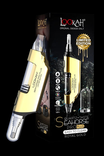 Royal gold “Lookah Seahorse Pro Plus” dab pen with quartz tip, featuring variable voltage and magnetic cap, displayed with packaging and limited edition branding.