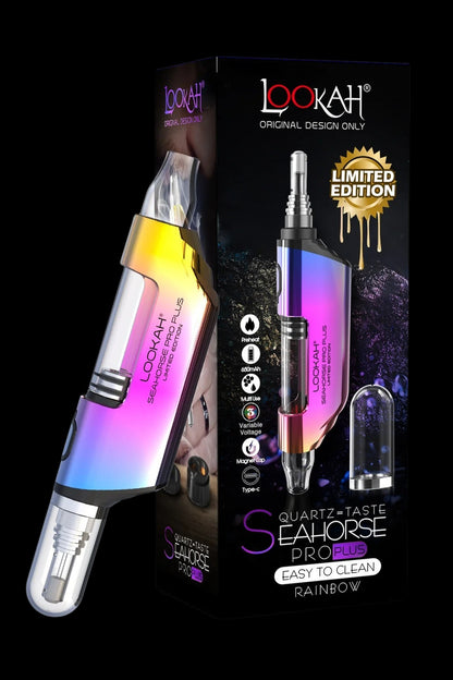 A product box for the limited edition “Lookah Seahorse Pro Plus” cannabis concentrate vaporizer, featuring a rainbow-colored device with a quartz taste atomizer and a magnetic cap. 
