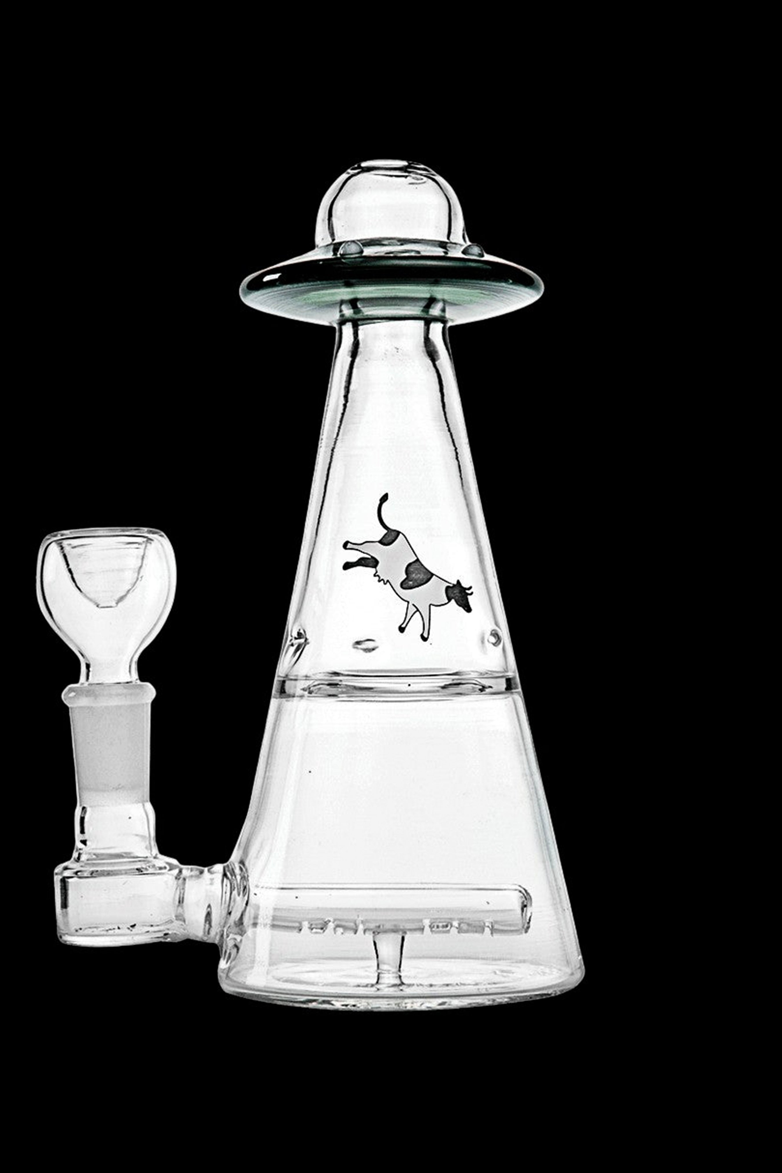 Clear glass rig shaped like a UFO with a dog graphic, accompanied by a glass bowl.