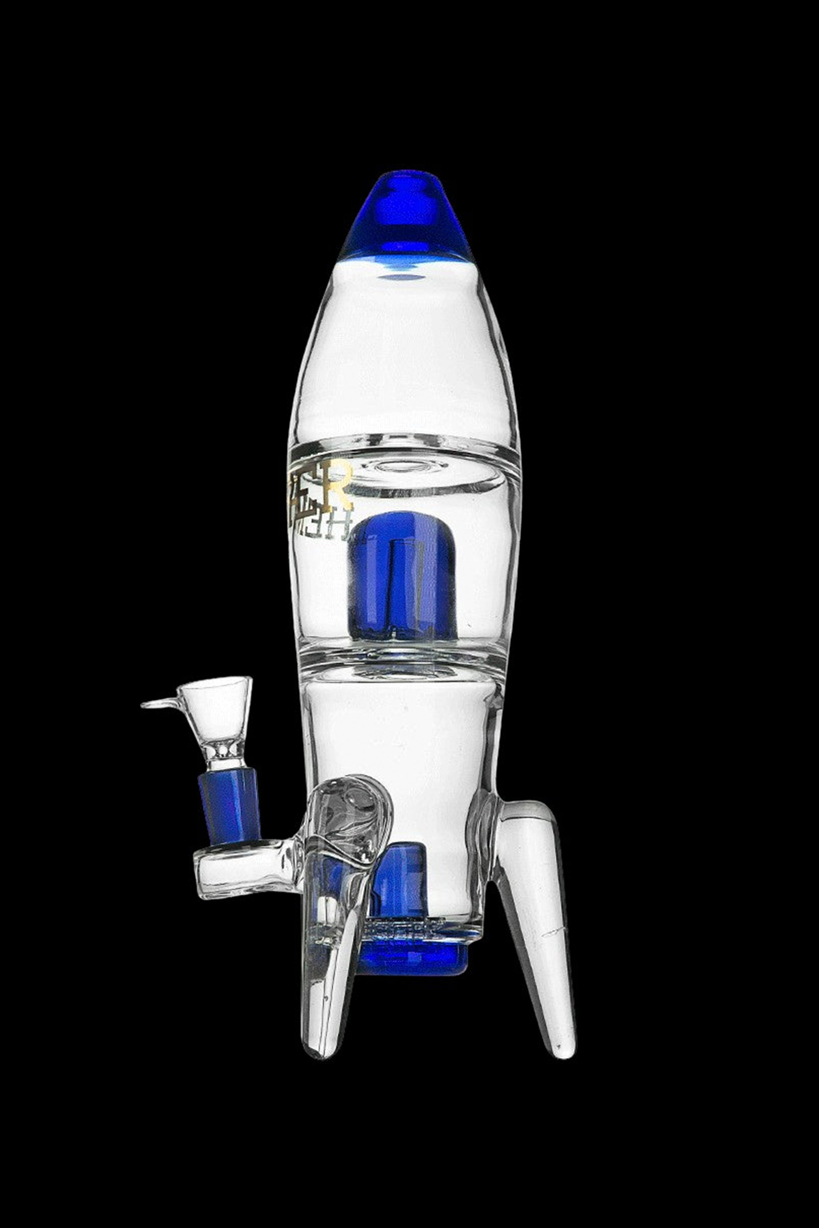 Glass water pipe shaped like a rocket ship with blue accents.