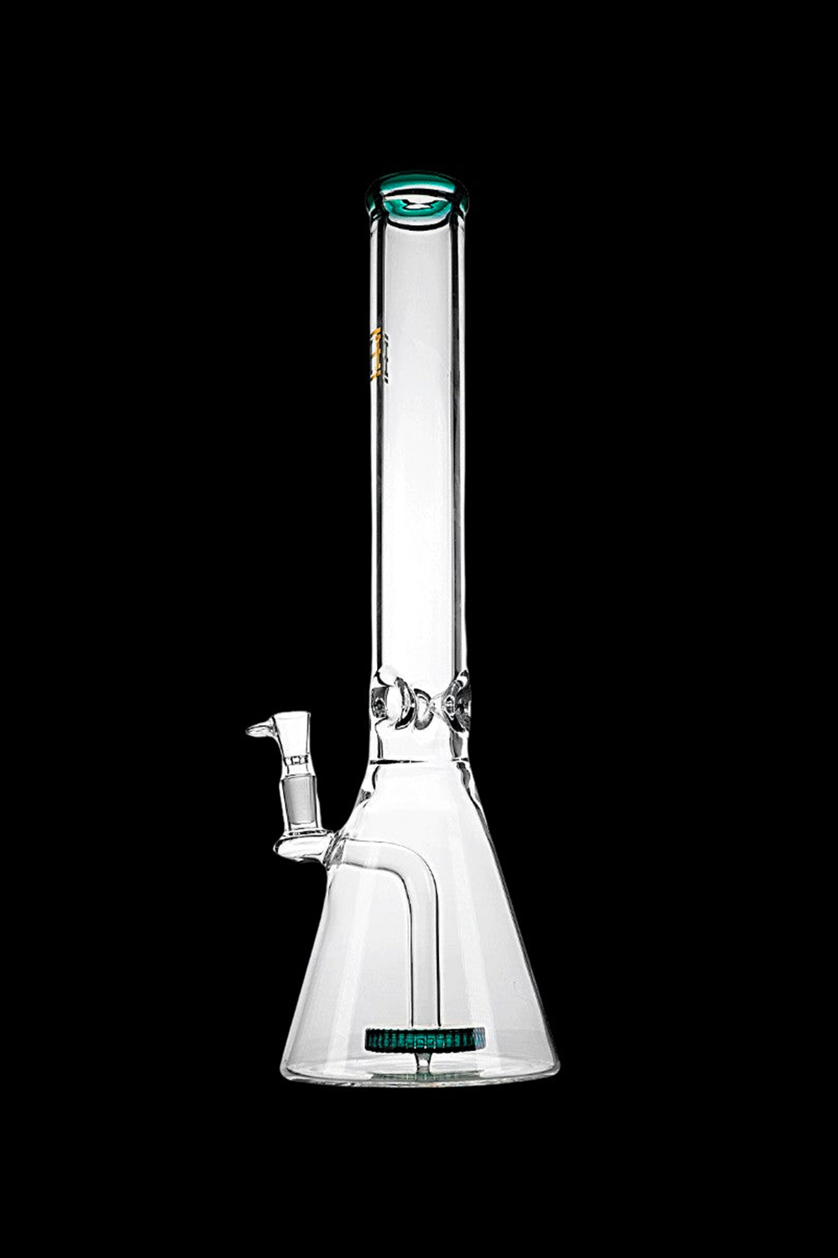 Clear glass bong with a wide base and angled neck, isolated on a black background.