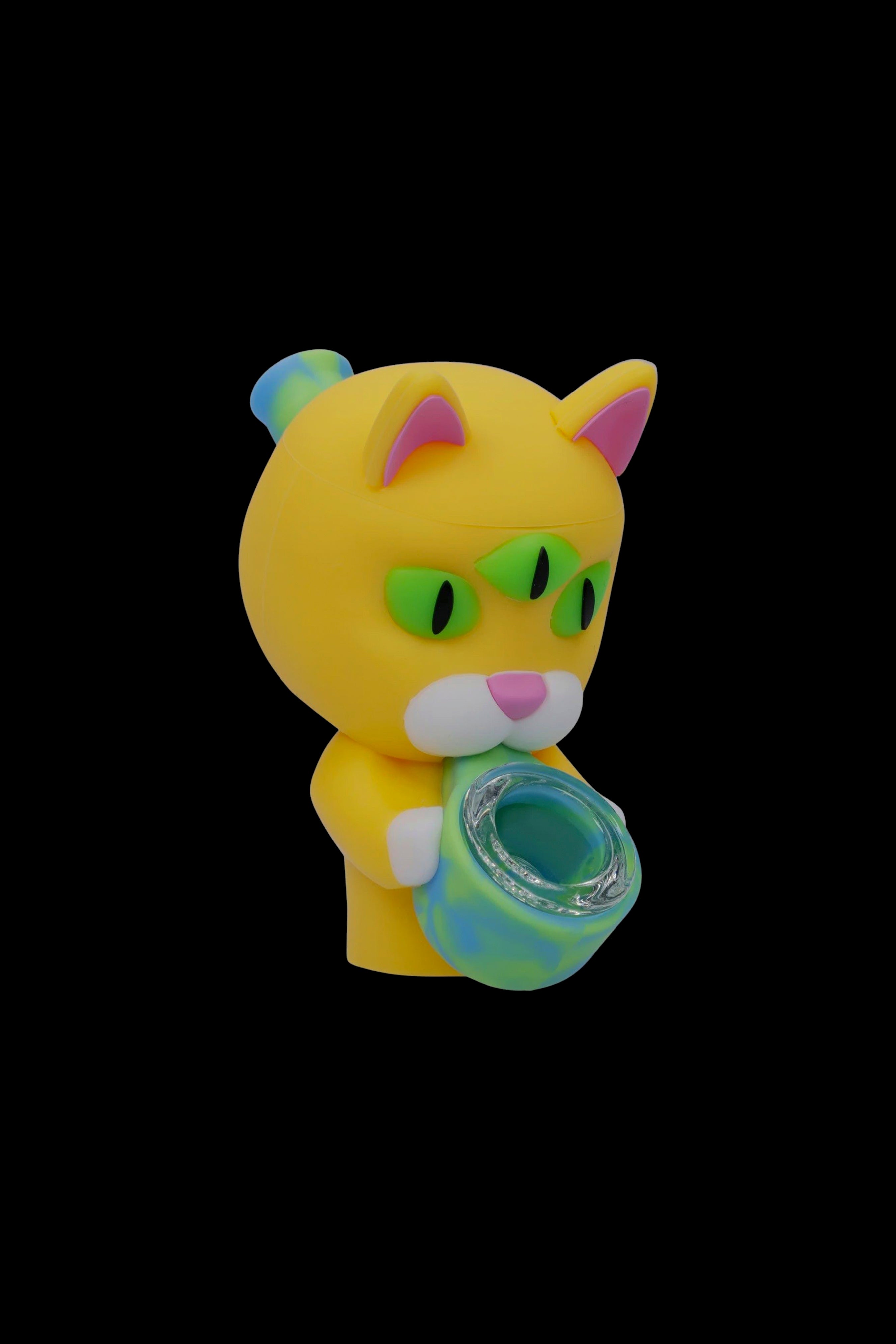 Yellow cartoon cat-shaped silicone rig with a green and blue glass bowl.