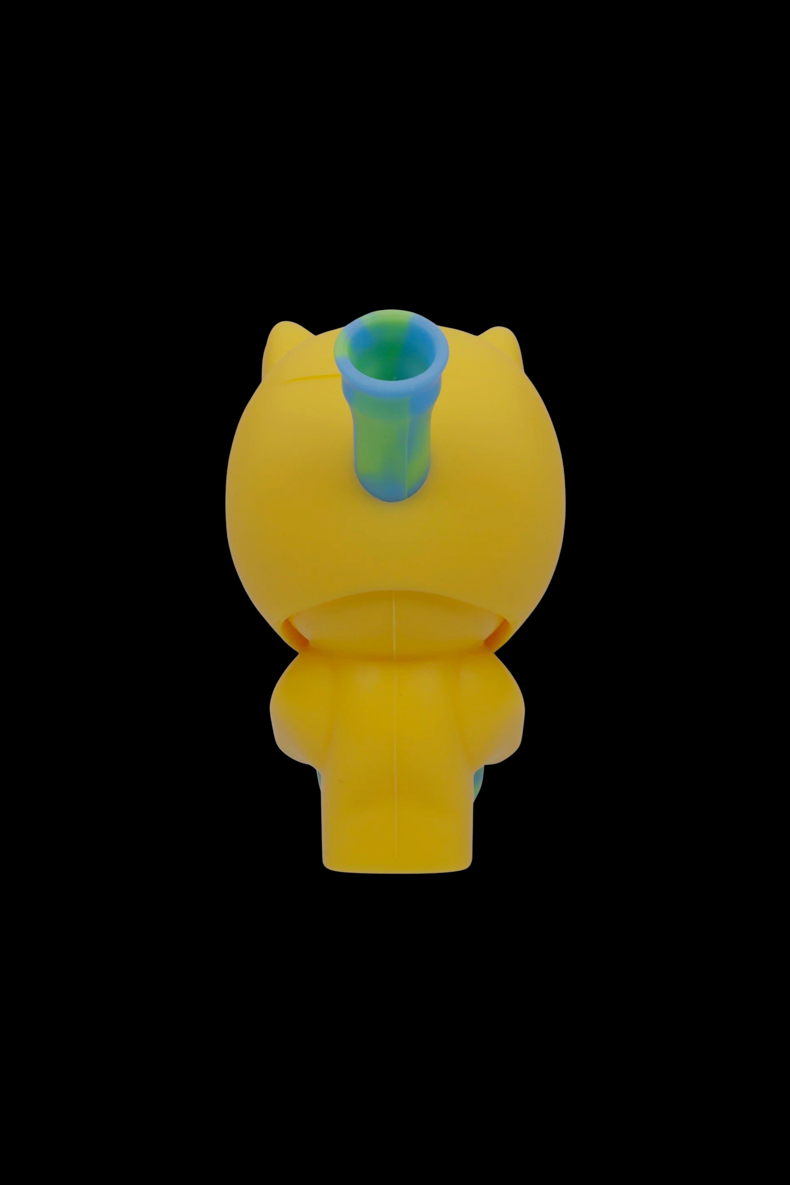 Yellow silicone water pipe shaped like a cartoon character with a colorful mouthpiece.