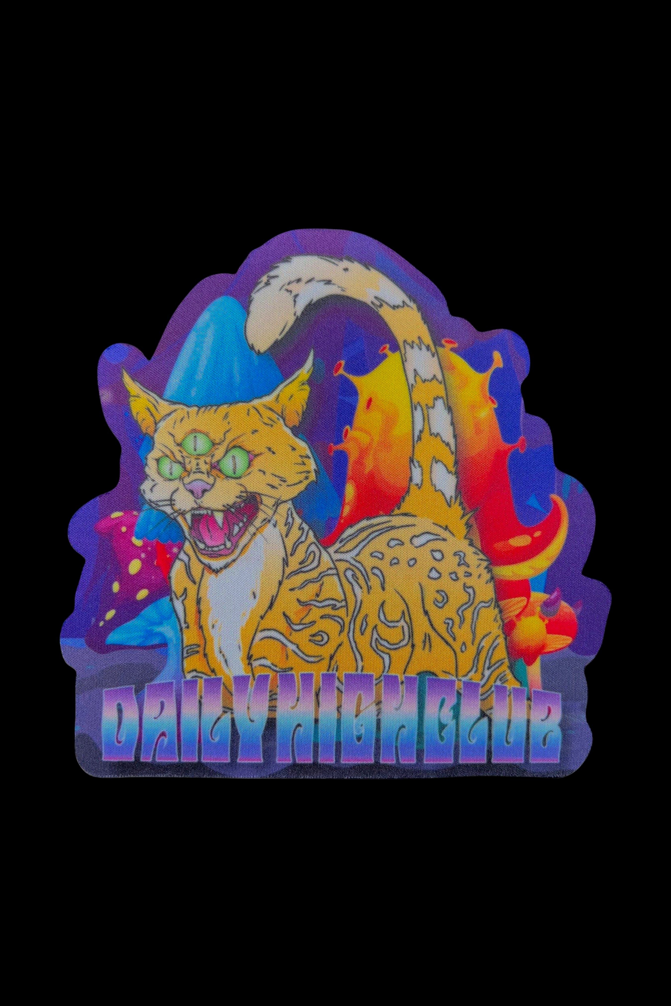 A vibrant, psychedelic sticker depicting an angry, orange tabby cat with glowing green eyes, arched back, and a fluffed tail, set against a colorful, swirling background and labeled “DAILY HIGH CLUB” in bold lettering."