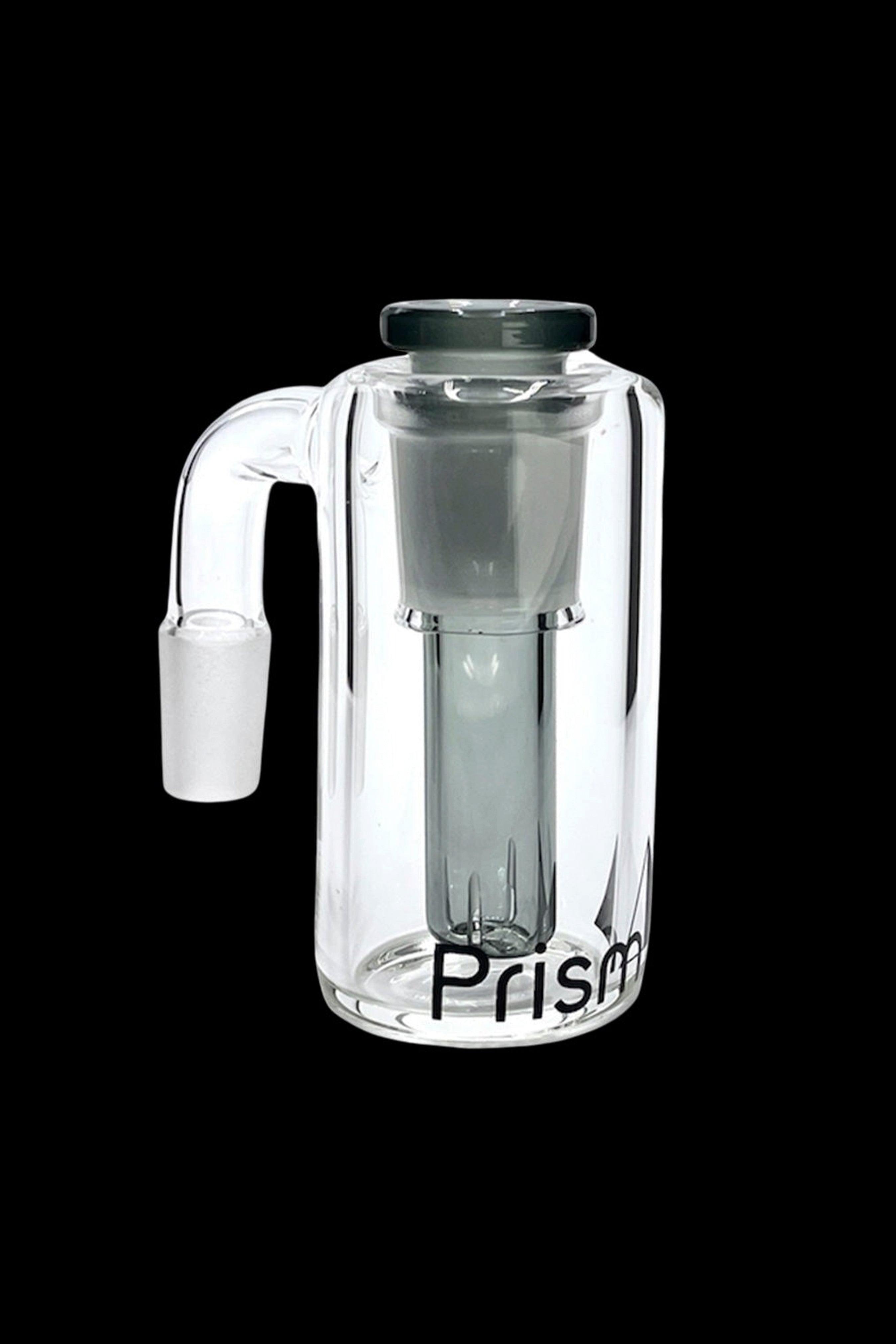 Clear glass bubbler water pipe with “Prism” logo.