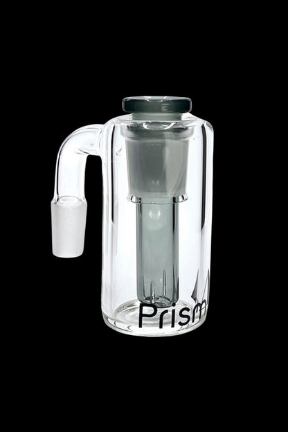 Clear glass bubbler water pipe with “Prism” logo.