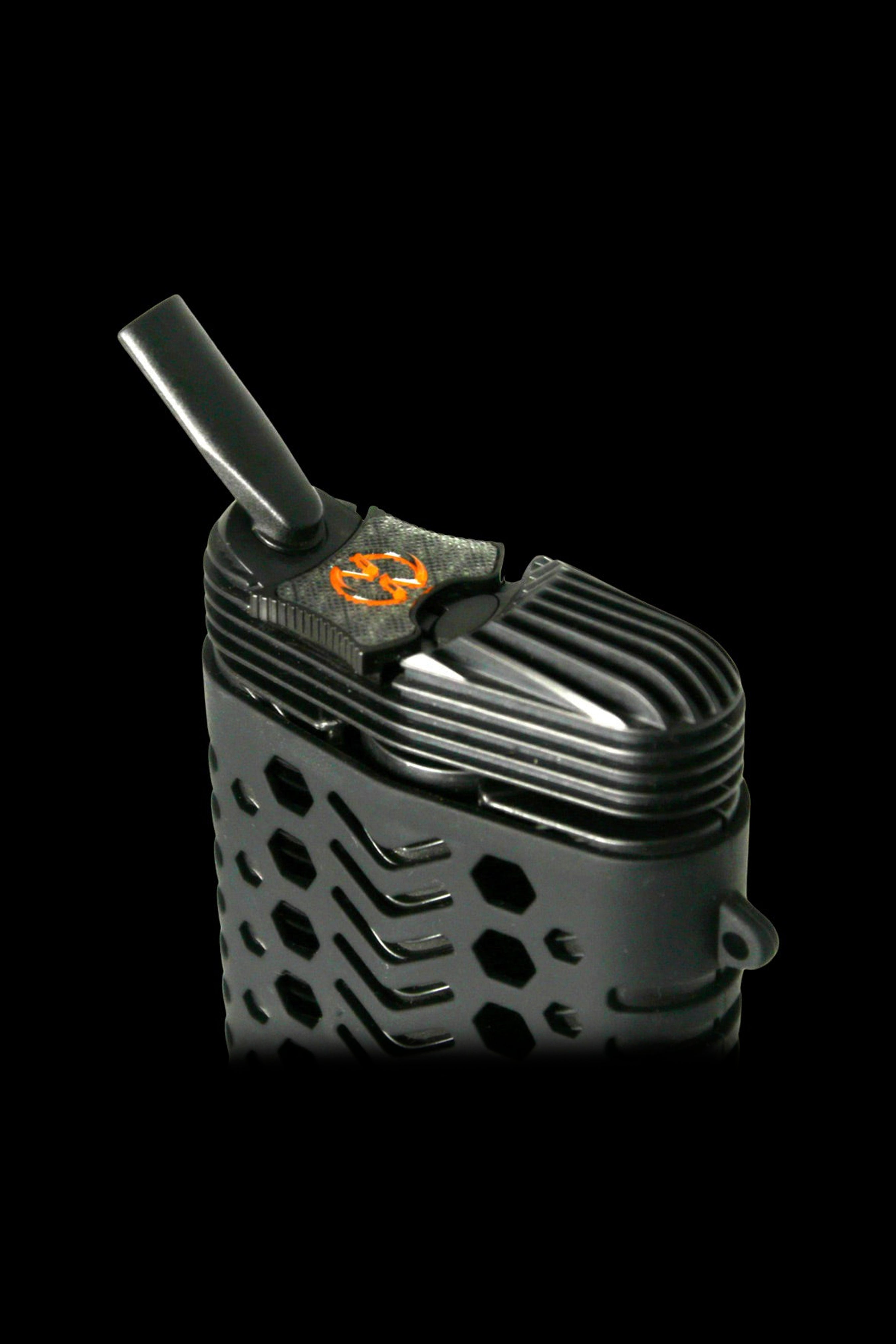 Black silicone cannabis e-nail with a quartz insert and orange accent.