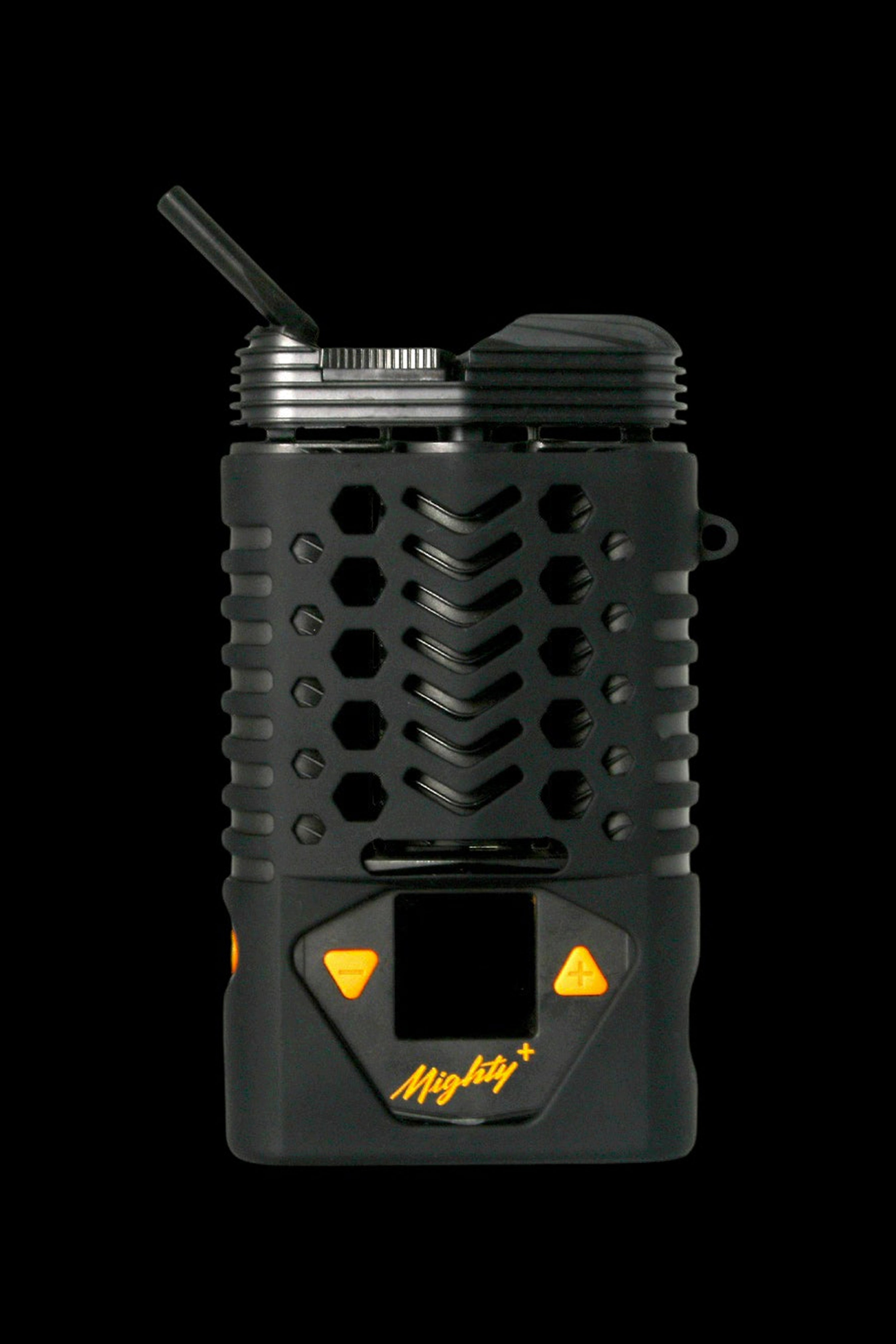 Black Storz & Bickel Mighty+ vaporizer with a visible mouthpiece and digital display.