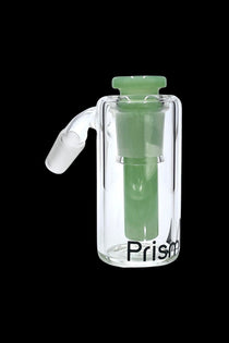 Clear glass oil rig with green accent and internal chamber, labeled "Prism."