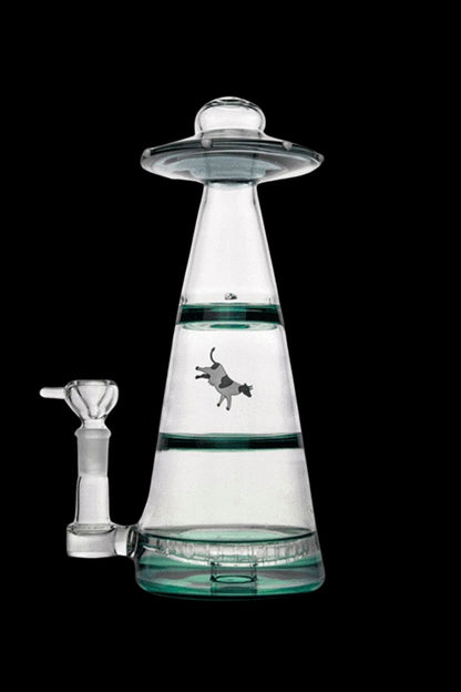 Clear glass water pipe shaped like a UFO with a cowboy graphic inside.