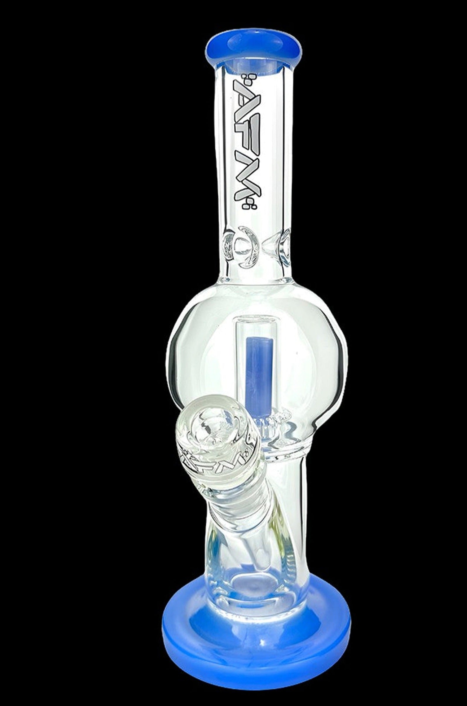 Blue glass water pipe (bong) with bubble percolator.