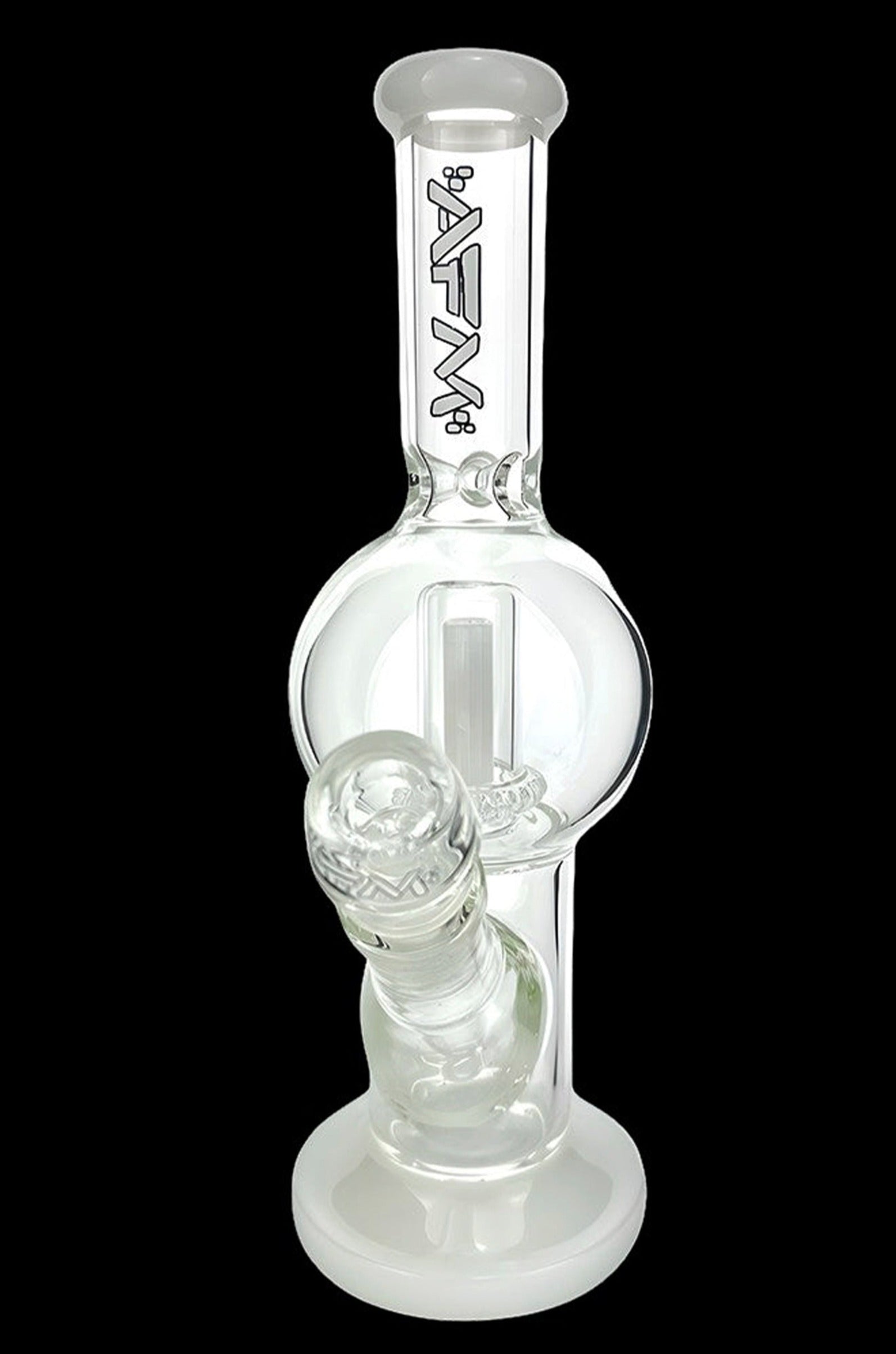 Frosted glass bubbler water pipe with ice catcher.
