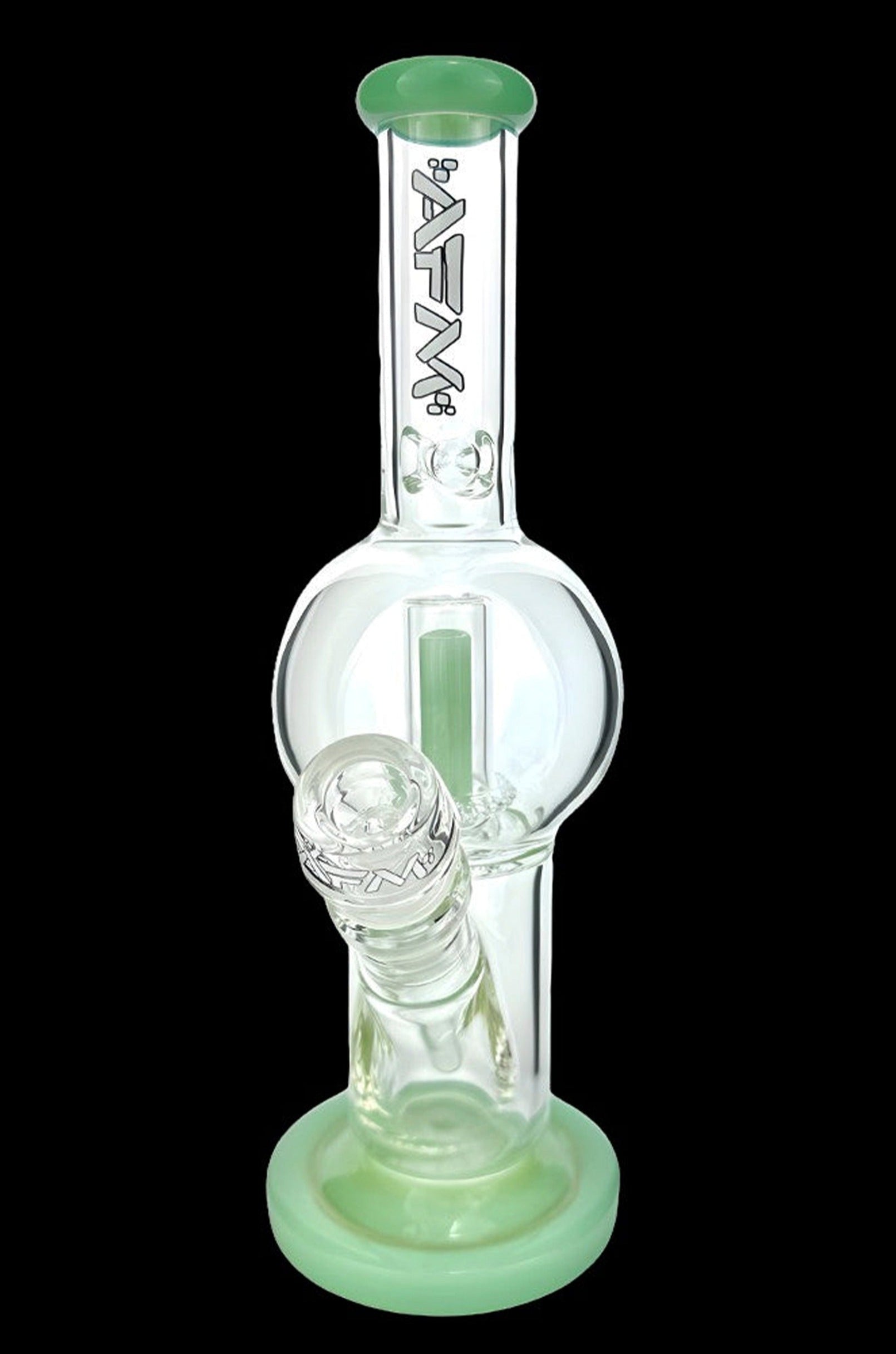 Mint green glass bubbler water pipe with ice catcher.
