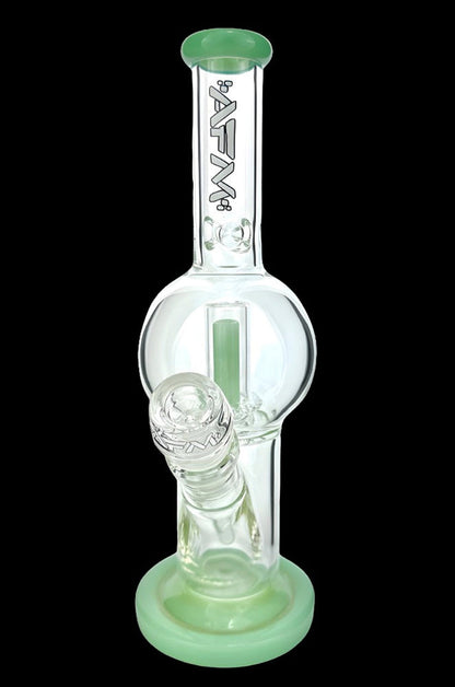 Mint green glass bubbler water pipe with ice catcher.