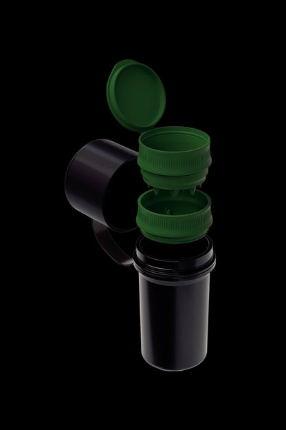 Black and green pop-top cannabis storage container with open lid.