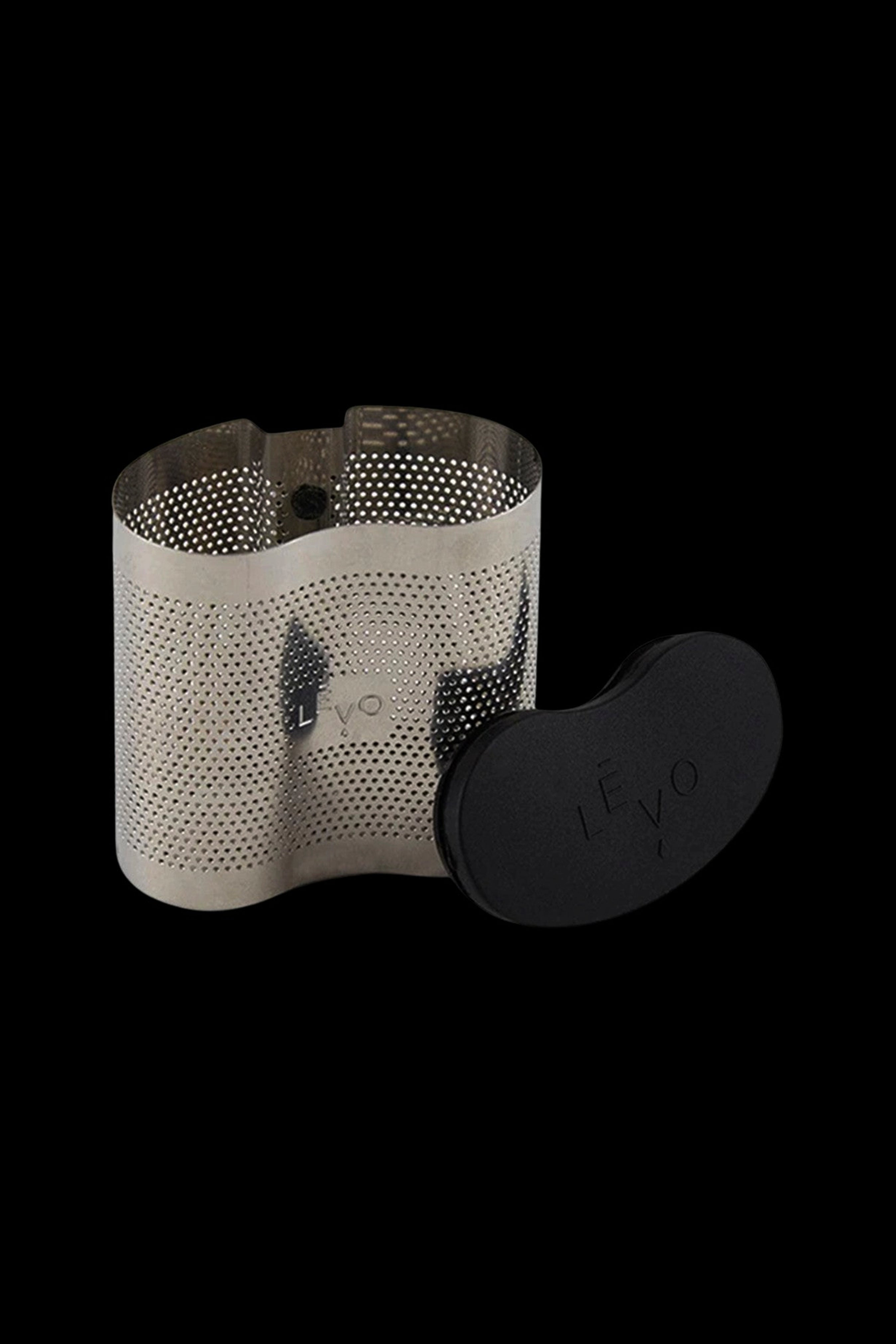 Silver perforated cannabis oil infusion device with black lid.