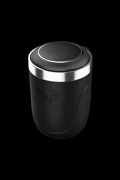 Sleek black cannabis grinder with a push-button opening mechanism.