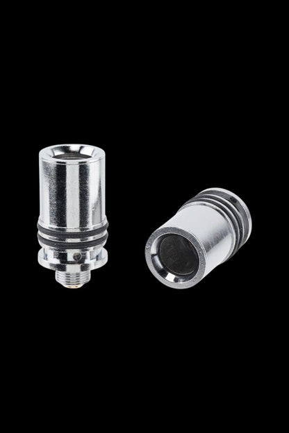 Silver cannabis oil vape cartridge components on a black background.