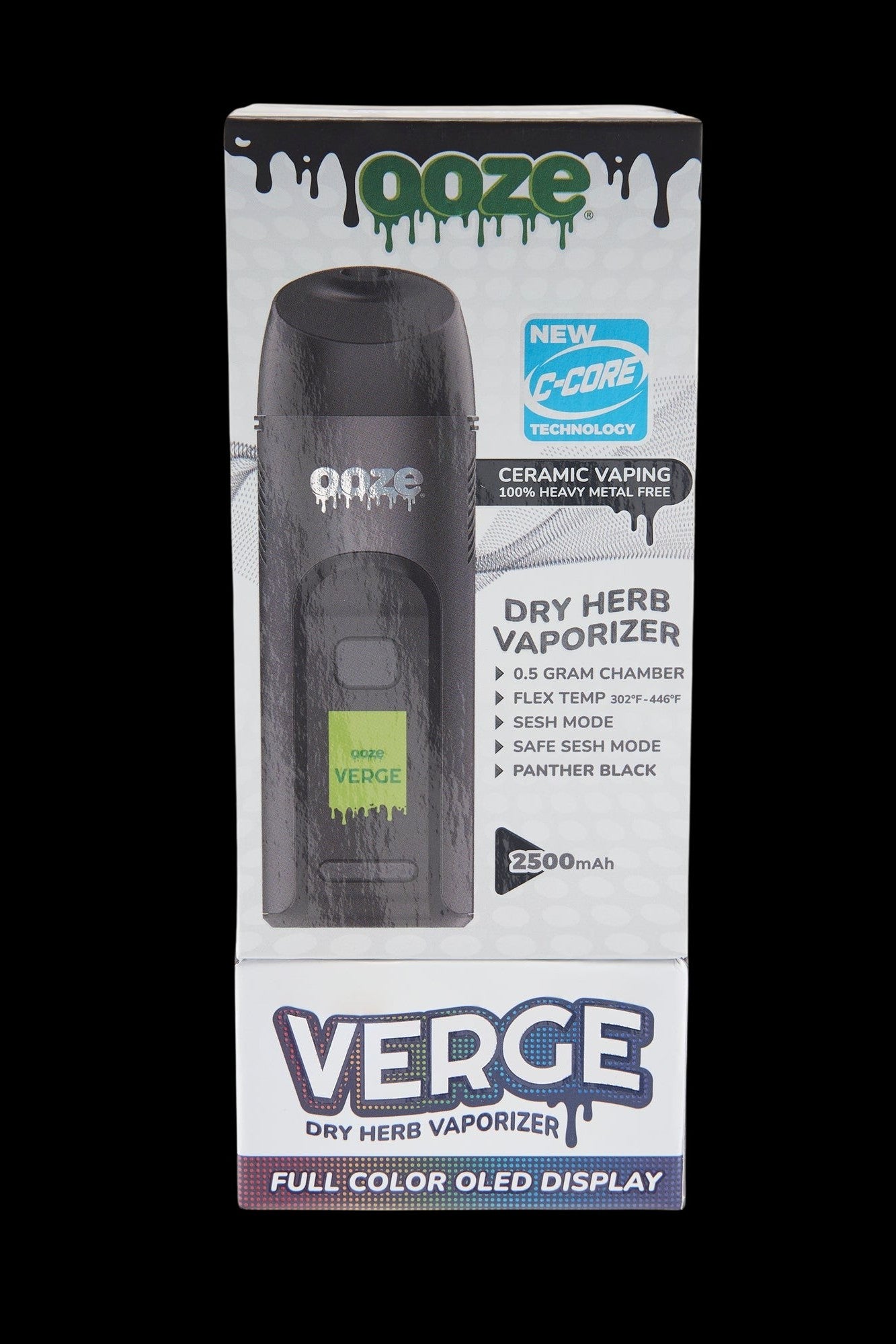Close-up of a retail box for a “Verge” dry herb vaporizer by OOZE, showcasing features like ceramic vaping, a 0.5-gram chamber, and a 2500mAh battery.