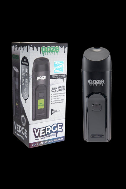 A black and green box for the “Verge” dry herb vaporizer by ooze, displayed alongside the device itself, a sleek black handheld unit with a digital display.