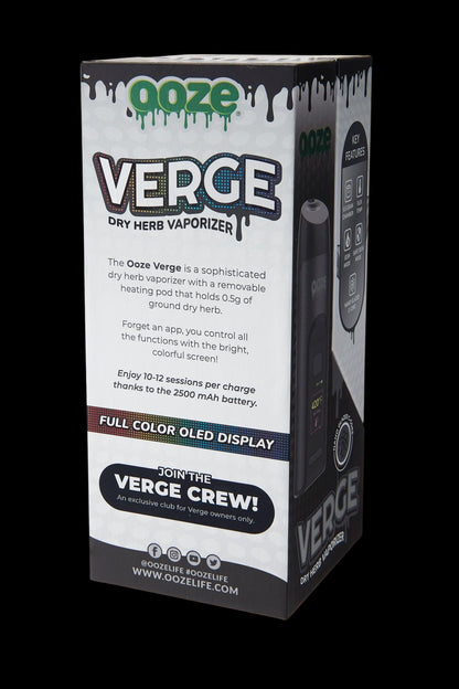 Packaging for the Ooze Verge dry herb vaporizer, highlighting features like a removable heating pod, OLED display, and 2500mAh battery.